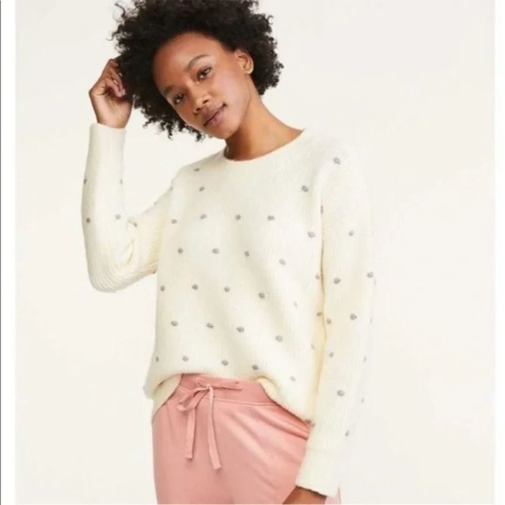 LOU & GREY For Loft Cream Purple Raised Polka Dot Knit Crew Neck Sweater Medium